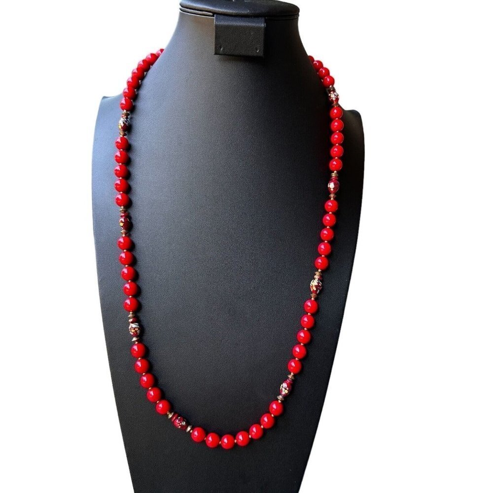 VTG Artisan Beaded Necklace‎ 31 Inch Red Glass Millefiori Venetian Floral Gold